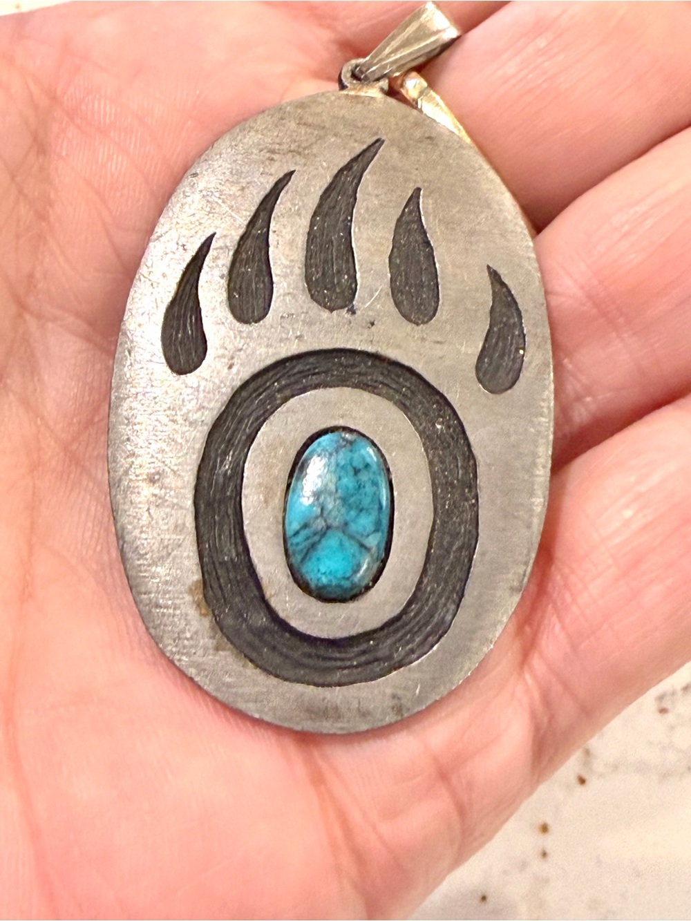 Vintage Southwestern Pewter Bear Paw Shadowbox Pendant Turquoise Pewter Metal